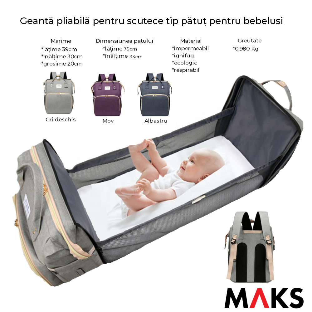 Geanta multifunctionala pentru Schimbat scutece cu pat pliabil pentru bebelusi, MAKS, 0-36 luni, Albastru, Cadou perfect Baby Shower