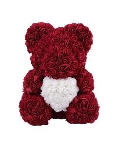 Ursulet Rose Bear din Trandafiri Rosii cu inimioara alba, Decorat Manual, inaltime 40 cm