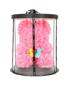 Ursulet, Rose Bear, din Trandafiri Roz cu inimioara colorata, decorat manual, inaltime 30 cm, cutie rotunda
