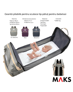 Geanta multifunctionala pentru Schimbat scutece cu pat pliabil pentru bebelusi, MAKS, 0-36 luni, Gri deschis, Cadou perfect Baby Shower