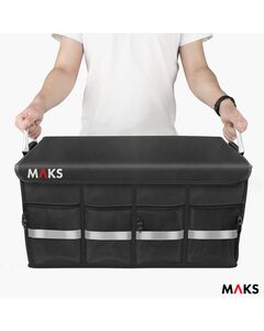 Organizator portbagaj, MAKS Plus, pliabil in 2 sau 3 compartimente, partitie lemn, maner aluminiu, velcro, negru, waterproof, capac, materiale premium