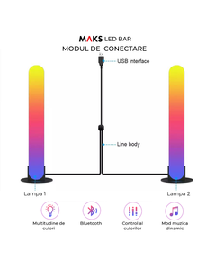 Pachet 2 lampi LED RGB, MAKS Led Bar, lumina ambientala dinamica alba si color, sensor muzica, WI-FI & Bluetooth,  Negru