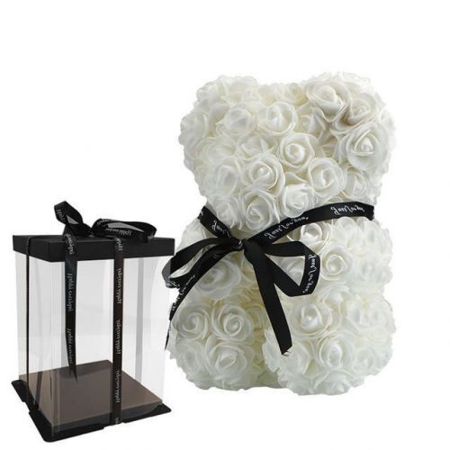 Ursulet Urs RoseBear din Trandafiri albi Decorat Manual, inaltime 25 cm - cadoul perfect