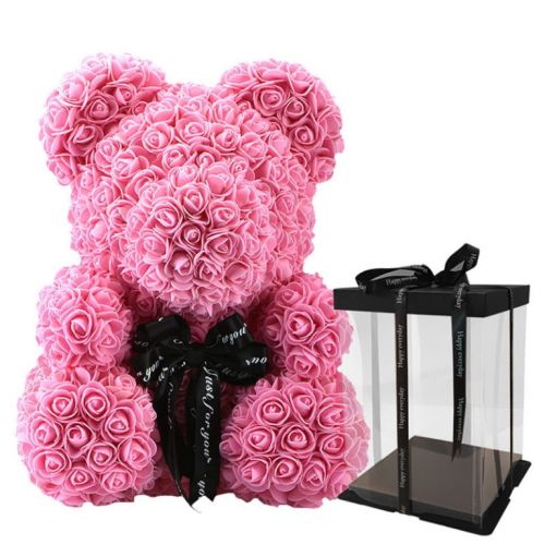 Ursulet Urs RoseBear din Trandafiri roz Decorat Manual, inaltime 25 cm - cadoul perfect