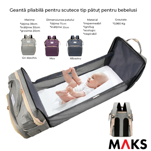 Geanta multifunctionala pentru Schimbat scutece cu pat pliabil pentru bebelusi, MAKS, 0-36 luni, Gri deschis, Cadou perfect Baby Shower