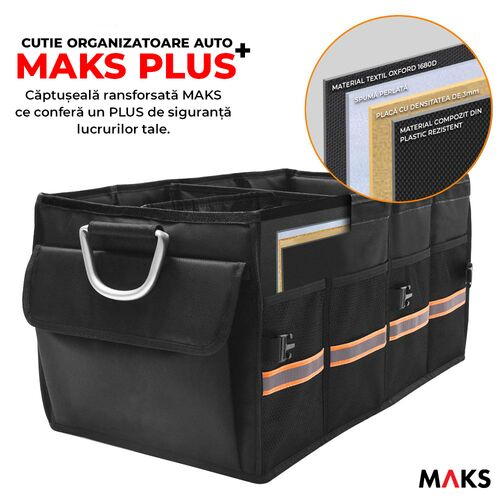 Organizator portbagaj, MAKS Plus, pliabil in 2 sau 3 compartimente, partitie lemn, maner aluminiu, velcro, negru, waterproof, capac, materiale premium