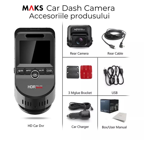 Camera auto dubla, MAKS Car Dash, 4K 2160P*1080P FHD, IPS 2.0”, GPS, Night Vision, 256GB, WI-FI + camera spate 1920P*1080P 30 fps,  unghi vizualizare fata spate 170°