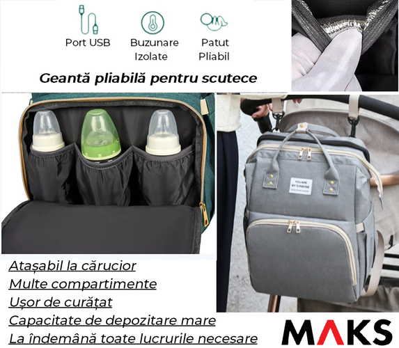 Geanta multifunctionala pentru Schimbat scutece cu pat pliabil pentru bebelusi, MAKS, 0-36 luni, Mov, Cadou perfect Baby Shower
