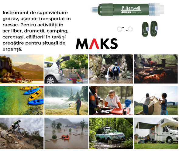 Kit Supravietuire portabil, tip pai, filtru apa 99.9% ultra-filtrant, MAKS FilterWell, pentru sport, excursii, militar, vanatoare, camping, punga si furtun inclus